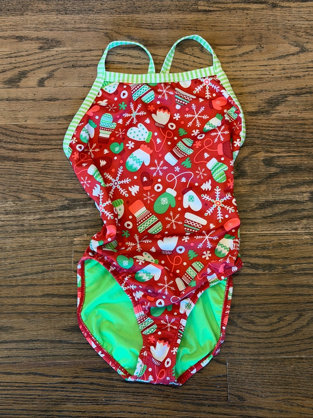 Dolfin Red Holiday Print Girls One-Piece Swimsuit with Green Trim